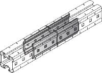 Συνδετήρας MIQC-E Συνδετήρας γαλβανισμένος με εμβάπτιση εν θερμώ (HDG) που χρησιμοποιείται για τη στερέωση δοκών MIQ κατά τη διαμήκη διεύθυνση για μεγάλα ανοίγματα σε εφαρμογές βαρέος τύπου
