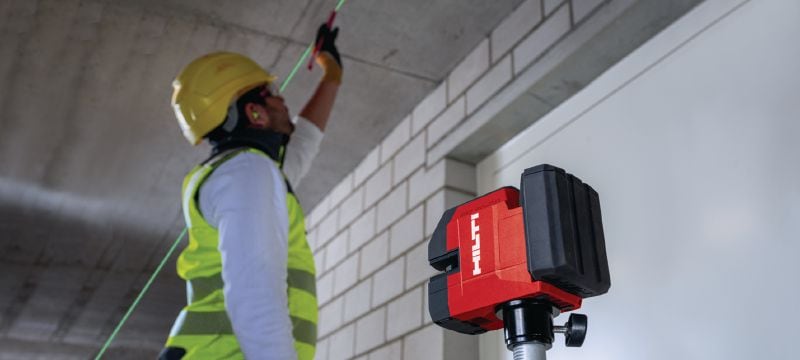 PM 20-CG Laser κατακορύφωσης και διασταυρούμενης γραμμής 12V Συνδυαστικό laser πράσινης δέσμης με 2 γραμμές και 4 σημεία για την κάθετη ισοστάθμιση, οριζοντίωση, ευθυγράμμιση και ορθογωνισμό (πλατφόρμα μπαταρίας 12V) Εφαρμογές 1